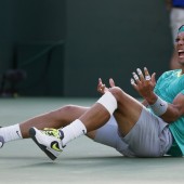 Nadal celebrates defeating Del Potro in the BNP Paribas Open ATP tennis tournament in California